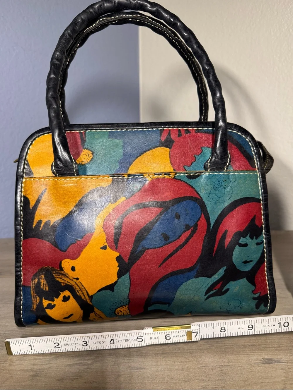 Patricia Nash Italian Leather Pop Art Satchel Handbag Colorful Faces - Picture 9 of 10